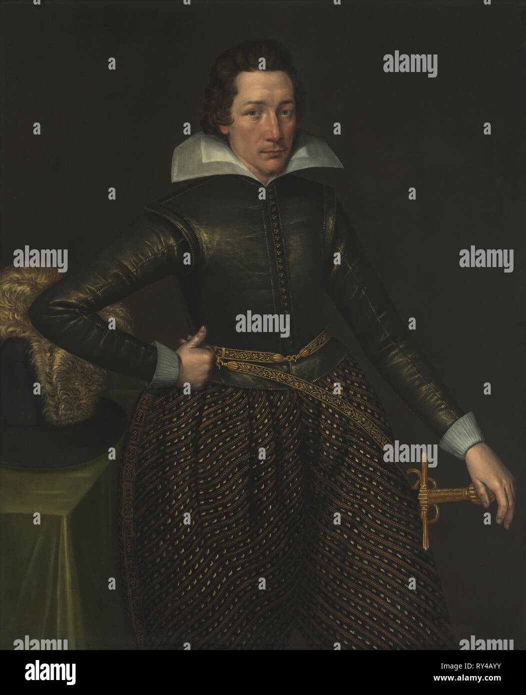 Ritratto di un uomo, c. 1610. Inghilterra (anglo-olandese), del XVII secolo. Olio su tela; incorniciato: 142,5 x 120,5 x 6,5 cm (56 1/8 x 47 7/16 x 2 9/16 in.); senza cornice: 123,2 x 99,8 cm (48 1/2 x 39 5/16 in Foto Stock