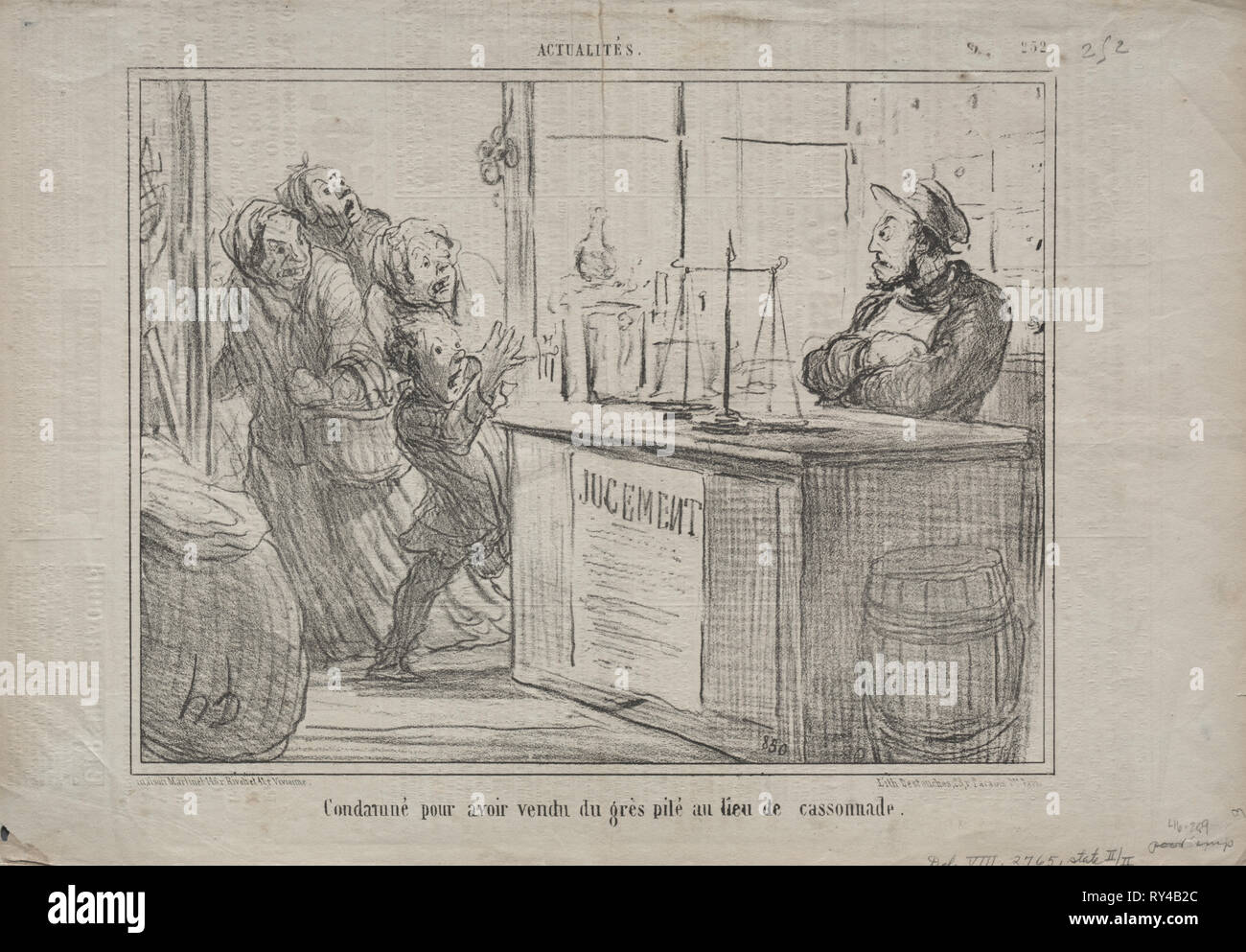 Pubblicato in le Charivari (7 dicembre 1855): Actualities (n. 252): Condannato per aver venduto un mucchio di sabbia invece umidi di zucchero di canna, 1855. Honoré Daumier (Francese, 1808-1879). Litografia; foglio: 24,7 x 36 cm (9 3/4 x 14 3/16 in.); immagine: 19,3 x 25,6 cm (7 5/8 x 10 1/16 in Foto Stock