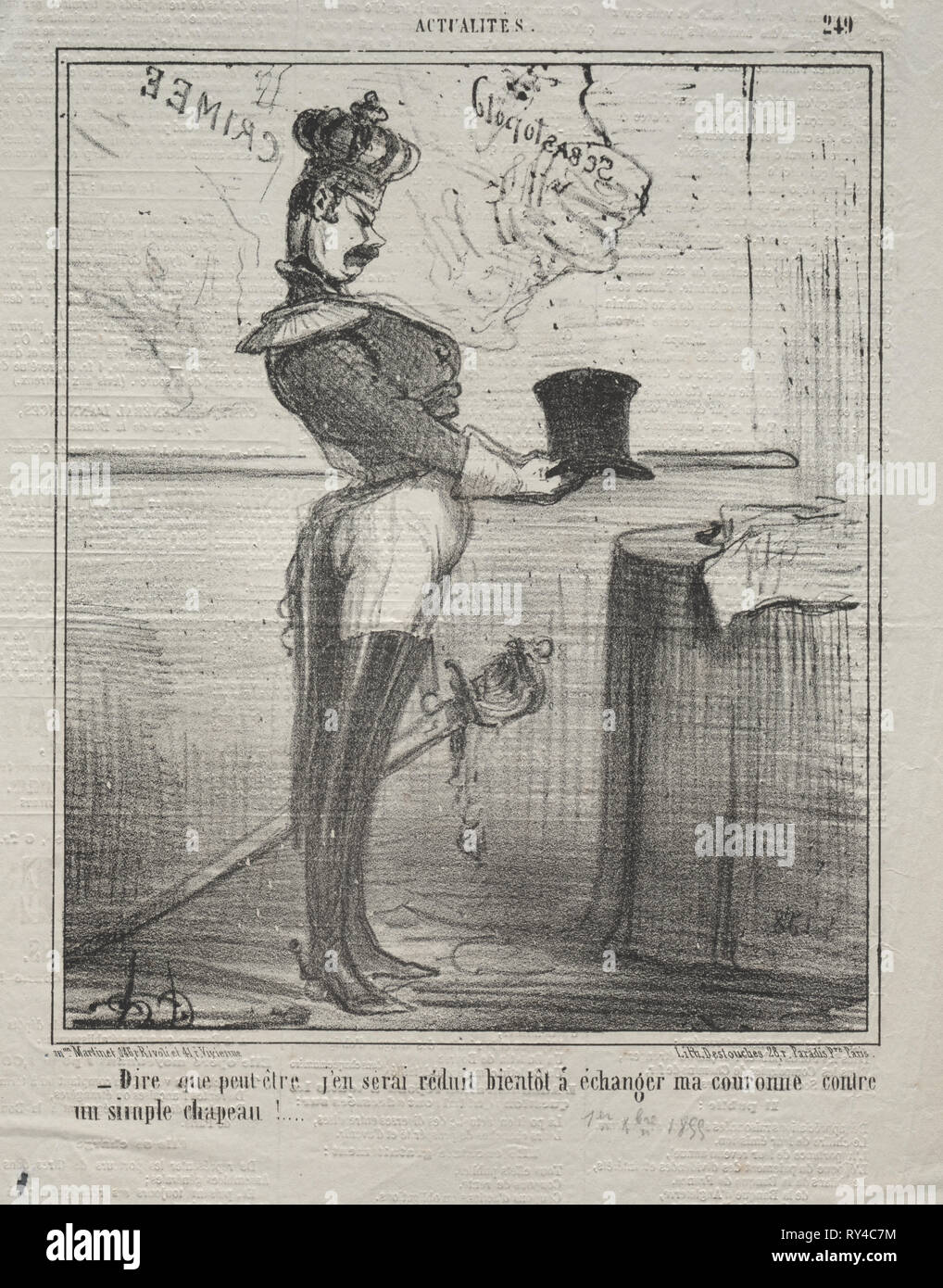Pubblicato in le Charivari (1 dicembre 1855): Actualities (n. 249): dicono che io presto sarà ridotto a scambiare la mia corona per un semplice cappello!, 1855. Honoré Daumier (Francese, 1808-1879). Litografia; foglio: 32,4 x 25,2 cm (12 3/4 x 9 15/16 in.); immagine: 24,2 x 20 cm (9 1/2 x 7 7/8 in Foto Stock
