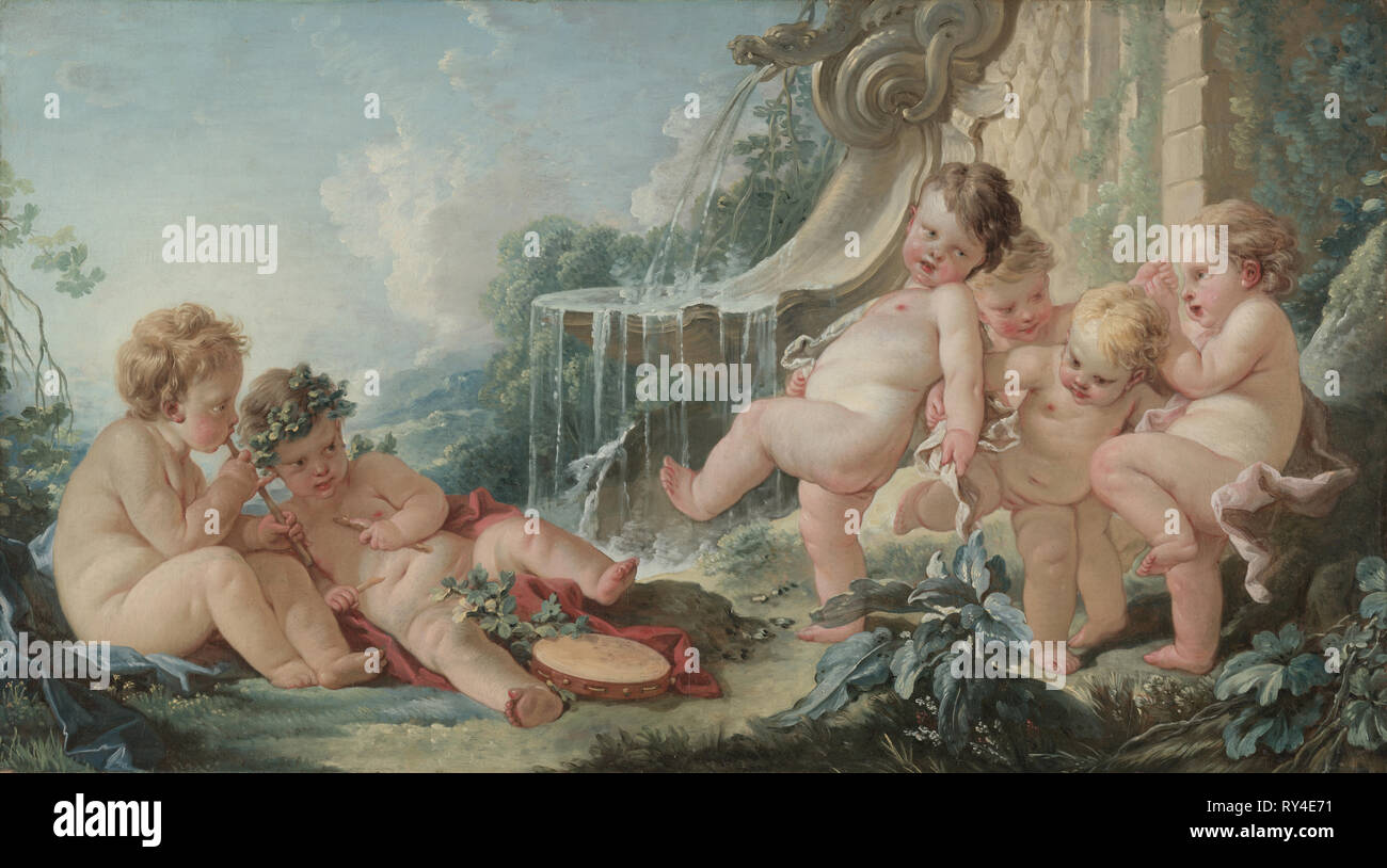 La musica e la danza e amorini nella congiura , 1740s. François Boucher (Francese, 1703-1770). Olio su tela; incorniciato: 77,5 x 131,5 x 6 cm (30 1/2 x 51 3/4 x 2 3/8 in.); senza cornice: 69 x 123 cm (27 3/16 x 48 7/16 in Foto Stock