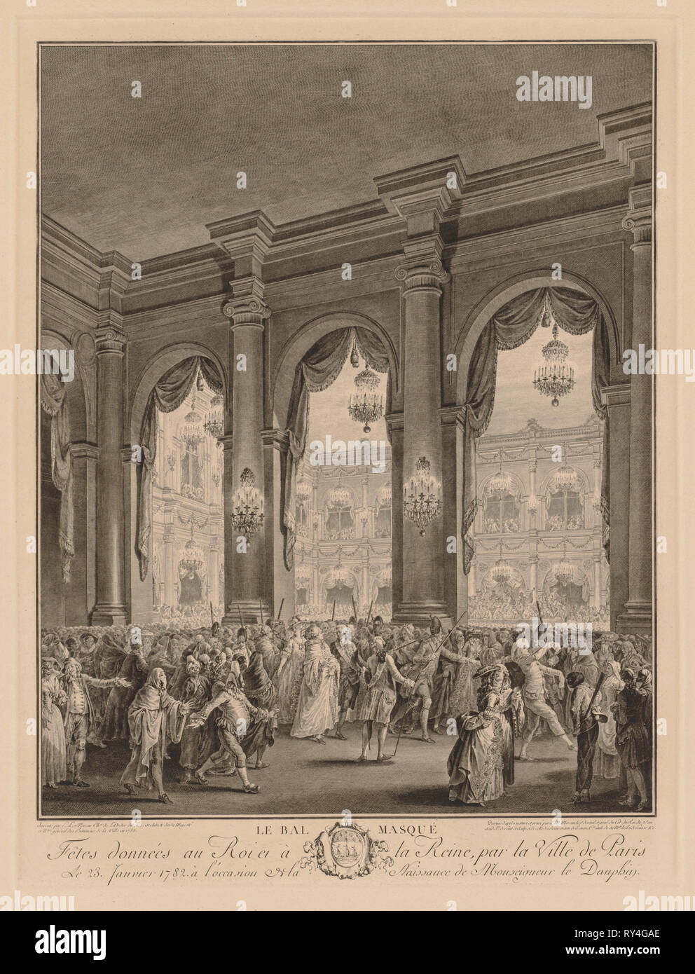 Le bal masqué donné à l'Hôtel de Ville, le 23 janvier 1782. Jean-Michel giovani Moreau (Francese, 1741-1814). Incisione Foto Stock