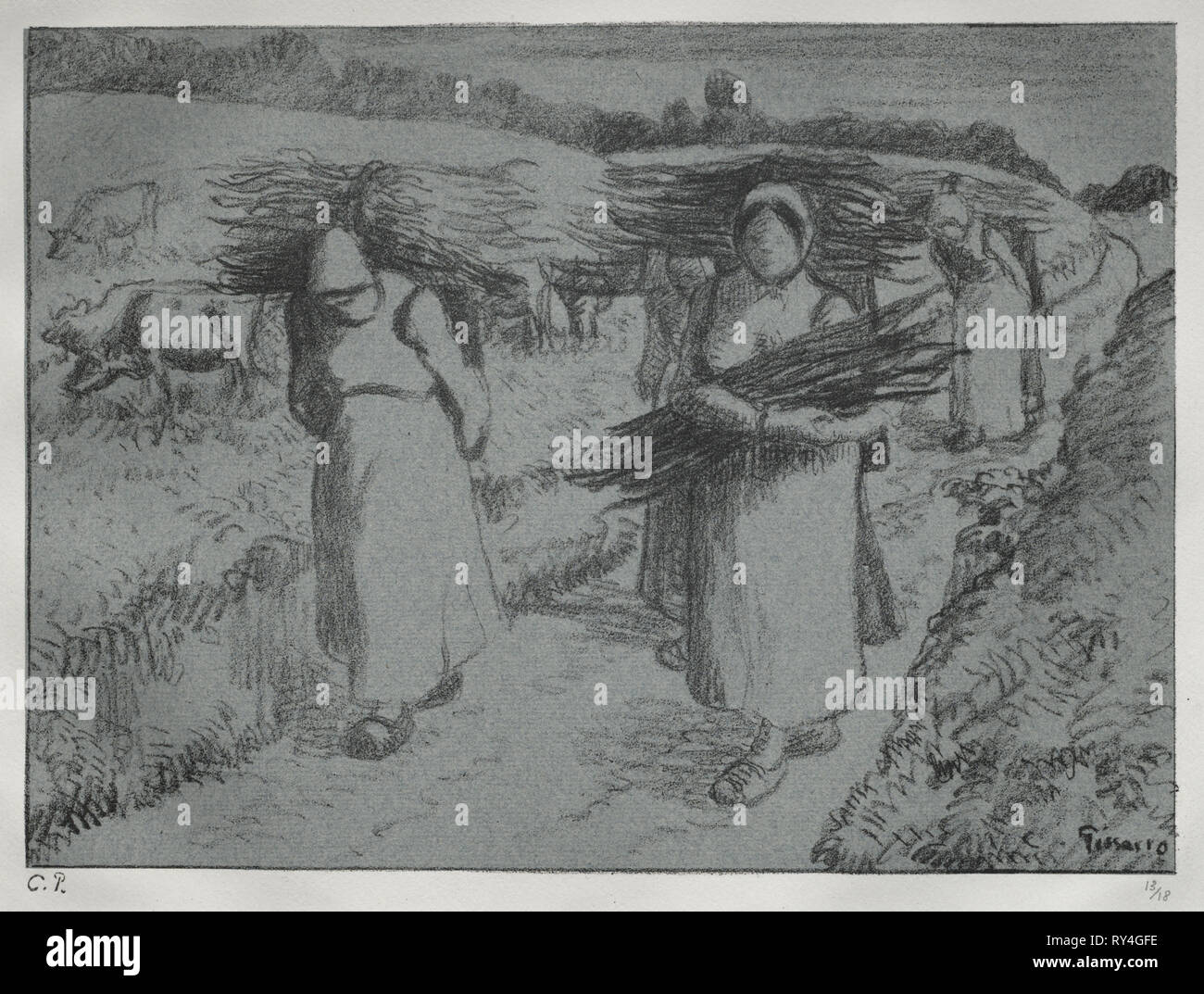 I contadini che trasportano Fagots, c. 1896. Camille Pissarro (Francese, 1830-1903). Litografia Foto Stock