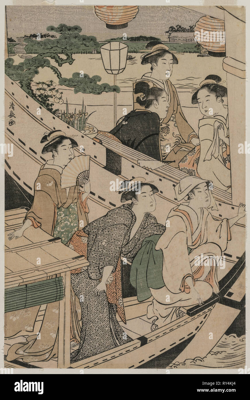 Partito in barca sul Fiume Sumida, 1789. Torii Kiyonaga (giapponese, 1752-1815). Colore stampa woodblock; complessivo: 35,6 x 23,8 cm (14 x 9 3/8 in Foto Stock Partito in barca sul Fiume Sumida, 1789. Torii Kiyonaga (giapponese, 1752-1815). Colore stampa woodblock; complessivo: 35,6 x 23,8 cm (14 x 9 3/8 in Foto Stock