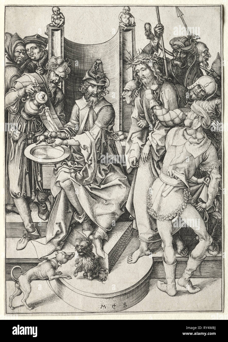 La Passione di Cristo davanti a Pilato. Martin Schongauer (tedesco, c.1450-1491). Incisione Foto Stock