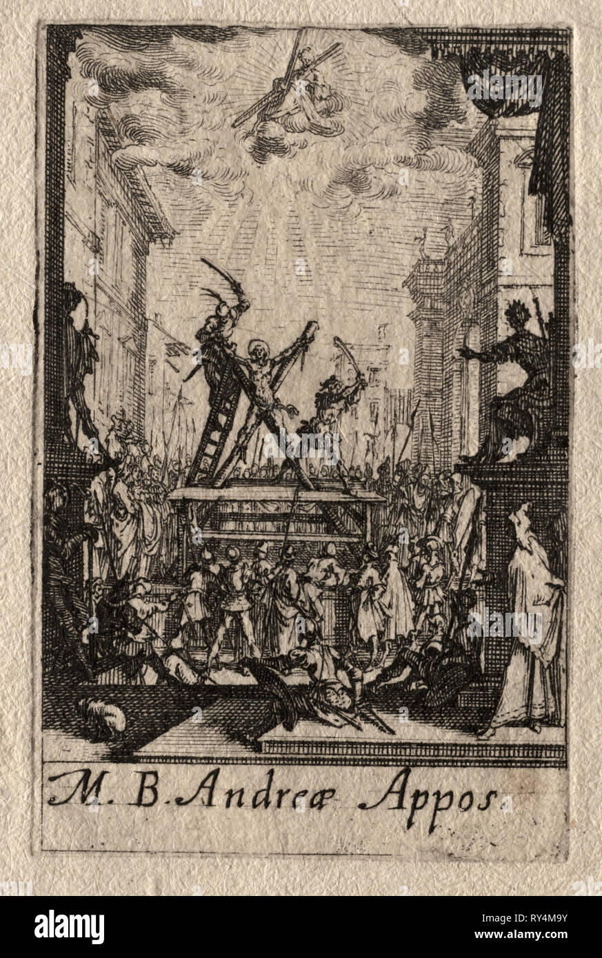 Il Martirio degli Apostoli: Sant'Andrea. Jacques Callot (Francese, 1592-1635). Attacco Foto Stock
