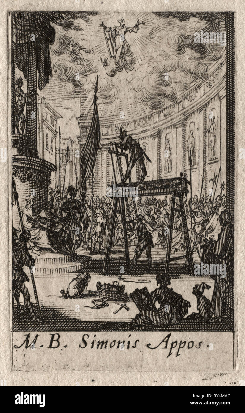 Il Martirio degli Apostoli: San Simone. Jacques Callot (Francese, 1592-1635). Attacco Foto Stock