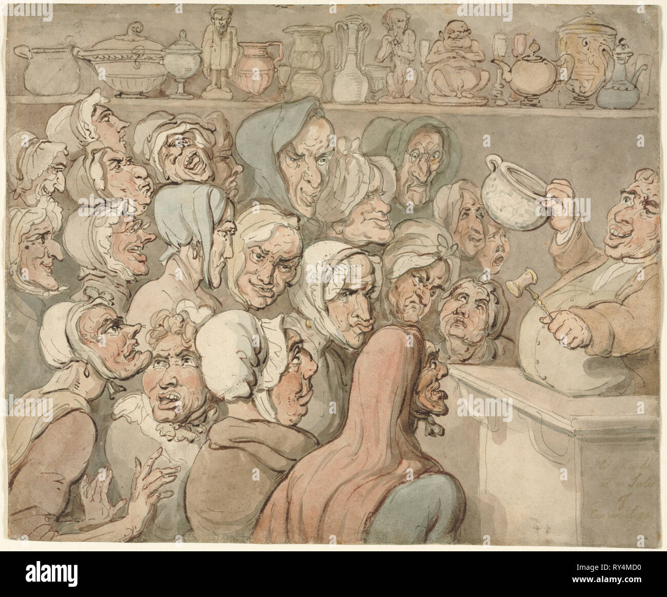 Il vecchio cameriere a una vendita di curiosità. Thomas Rowlandson (British, 1756-1827). La penna e il marrone ed il grigio inchiostro e lavaggio ad acquerello Foto Stock