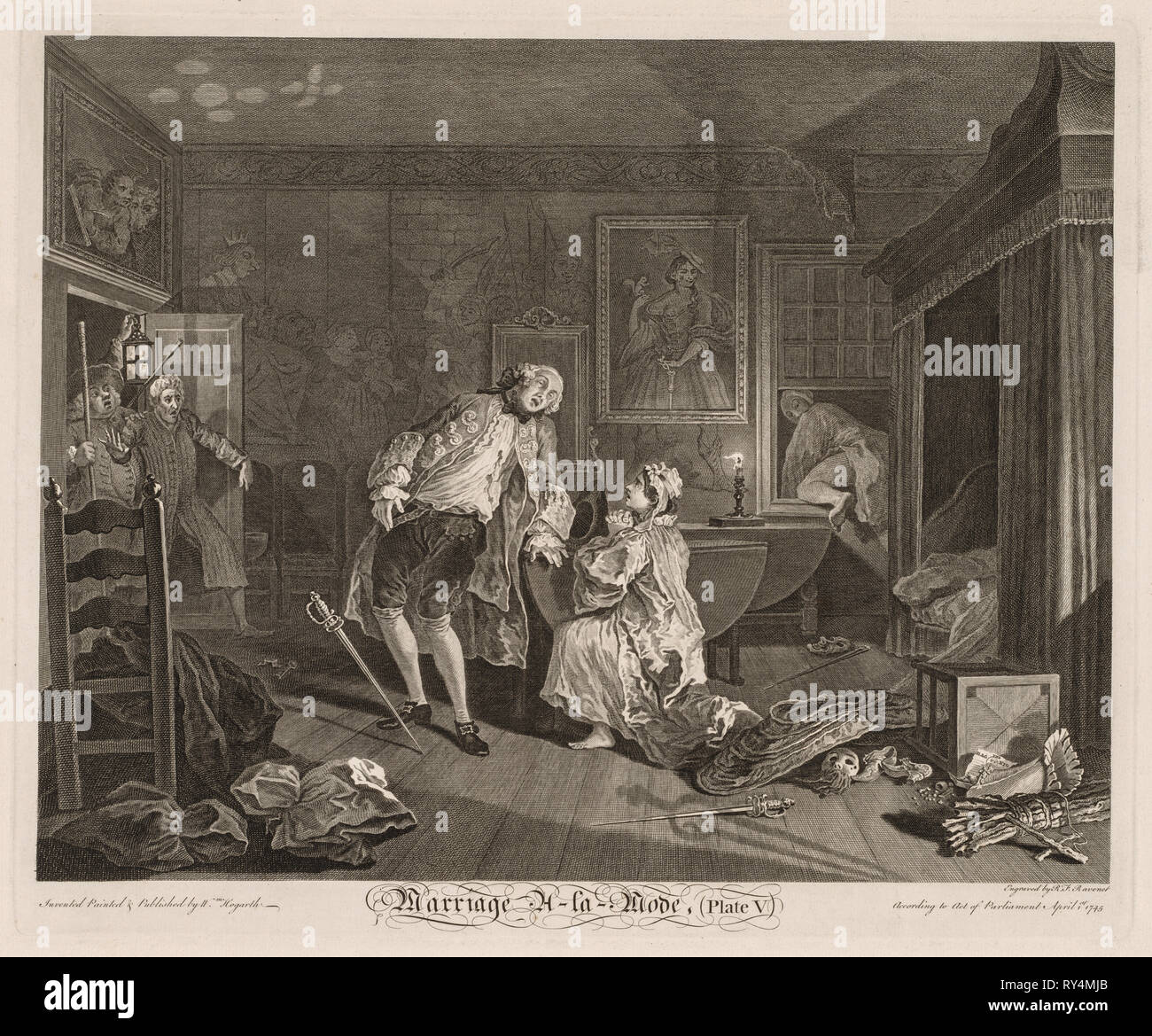 Il matrimonio à la mode: la morte del conte, 1745. William Hogarth (British, 1697-1764). Incisione Foto Stock