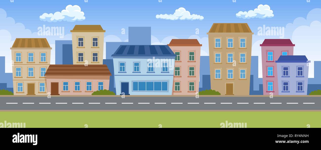 Città costruire case con il trasporto su strada. Design piatto Illustrazione Vettoriale