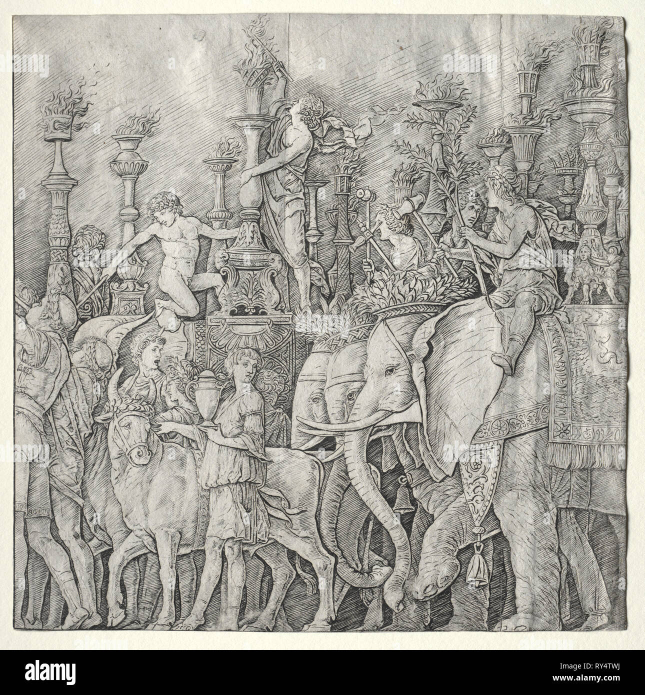 I Trionfi di Cesare: elefanti, c. 1485-1490. Giulio Campagnola (Italiano, 1482-1515). Incisione Foto Stock