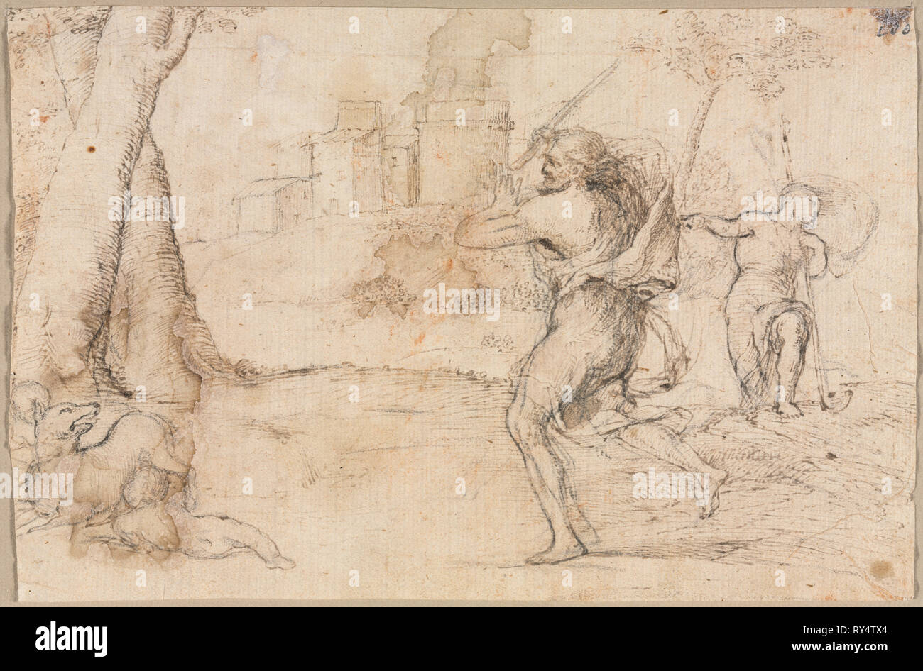 Romolo e Remo trovati da Faustulus, c. 1535. Romanino (italiano, 1484/87-1562). Penna e inchiostro bruno, con punta di pennello e lavaggio marrone oltre gesso nero (tracce di gesso rosso e viola per lavare non correlati alla composizione); foglio: 16,3 x 24,8 cm (6 7/16 x 9 3/4 in.); supporto secondario: 23,6 x 31 cm (9 5/16 x 12 3/16 in Foto Stock