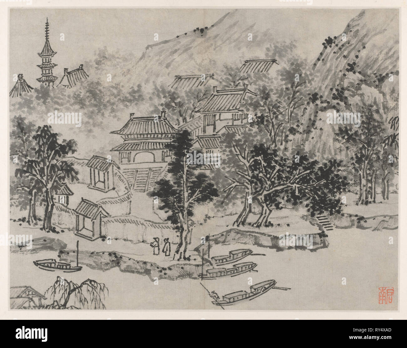 Dodici vedute della Collina della Tigre, Suzhou: Vista in lontananza la Collina della Tigre dal canale di attracco, dopo il 1490. Shen Zhou (Cinese, 1427-1509). Album Leaf, inchiostro su carta o inchiostro e leggero di colore su carta; immagine: 31,5 x 40,6 cm (12 3/8 x 16 in.); complessivo: 36,5 x 49,9 cm (14 3/8 x 19 5/8 in Foto Stock
