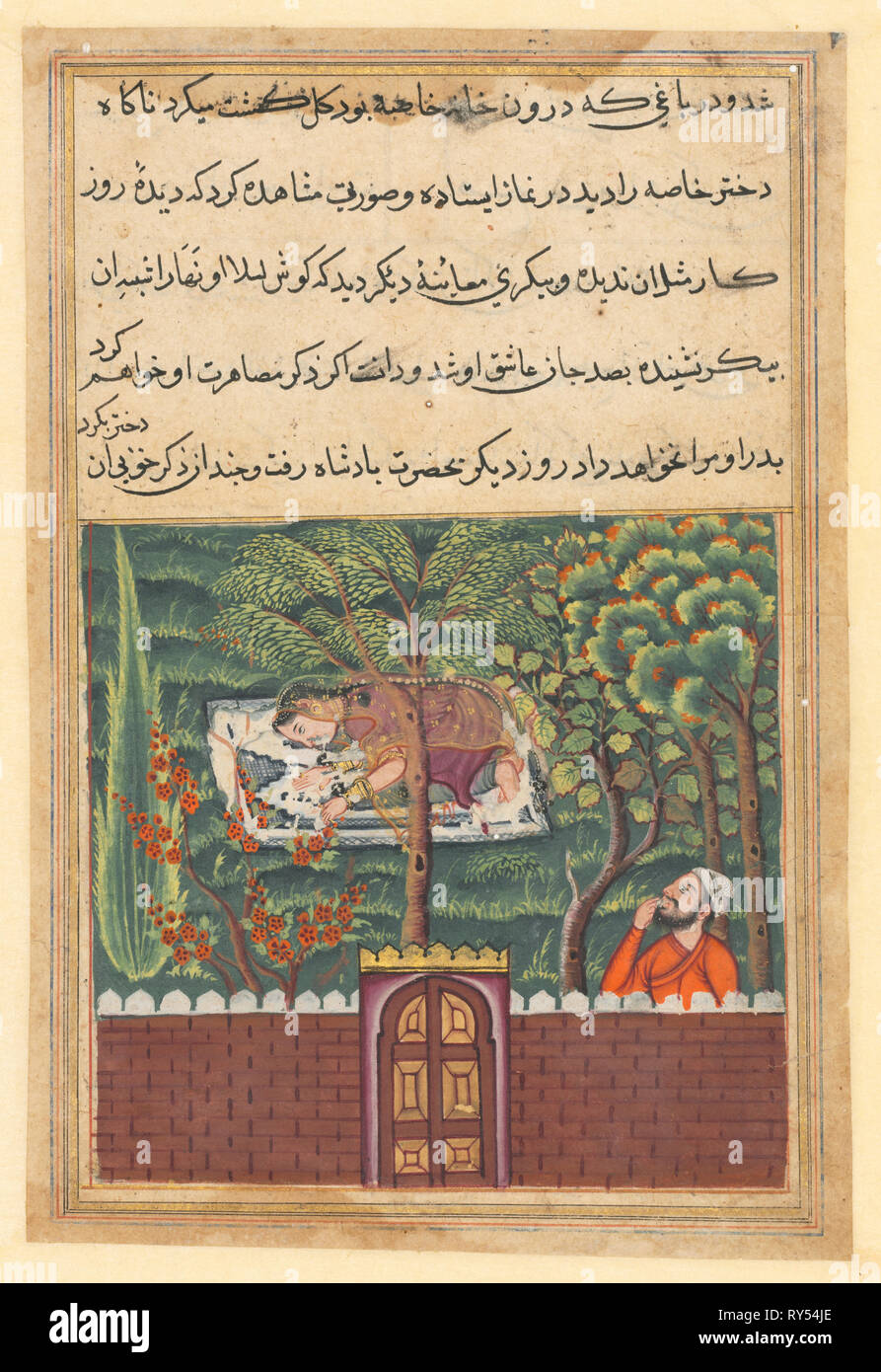Pagina da racconti di un pappagallo (Tuti-nama): cinquanta-prima notte: Khulasa, un visir, vede la figlia di Khassa, un altro visir, e ambisce alla sua, c. 1560. India, Mughal, regno di Akbar, del XVI secolo. Acquerello opaco, inchiostro e oro su carta Foto Stock