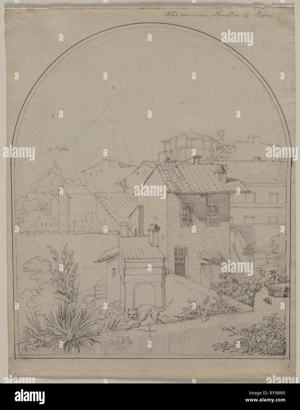 Vista dalla mia finestra in Roma (recto) soldato in un paesaggio (verso) , c. 1817. Carl Wilhelm Tischbein (Tedesco, 1797-1855). Grafite e penna e inchiostro grigio, linee di delimitazione a penna e inchiostro nero e grafite; foglio: 22,4 x 17,1 cm (8 13/16 x 6 3/4 in.); immagine: 20,5 x 16,8 cm (8 1/16 x 6 5/8 in Foto Stock