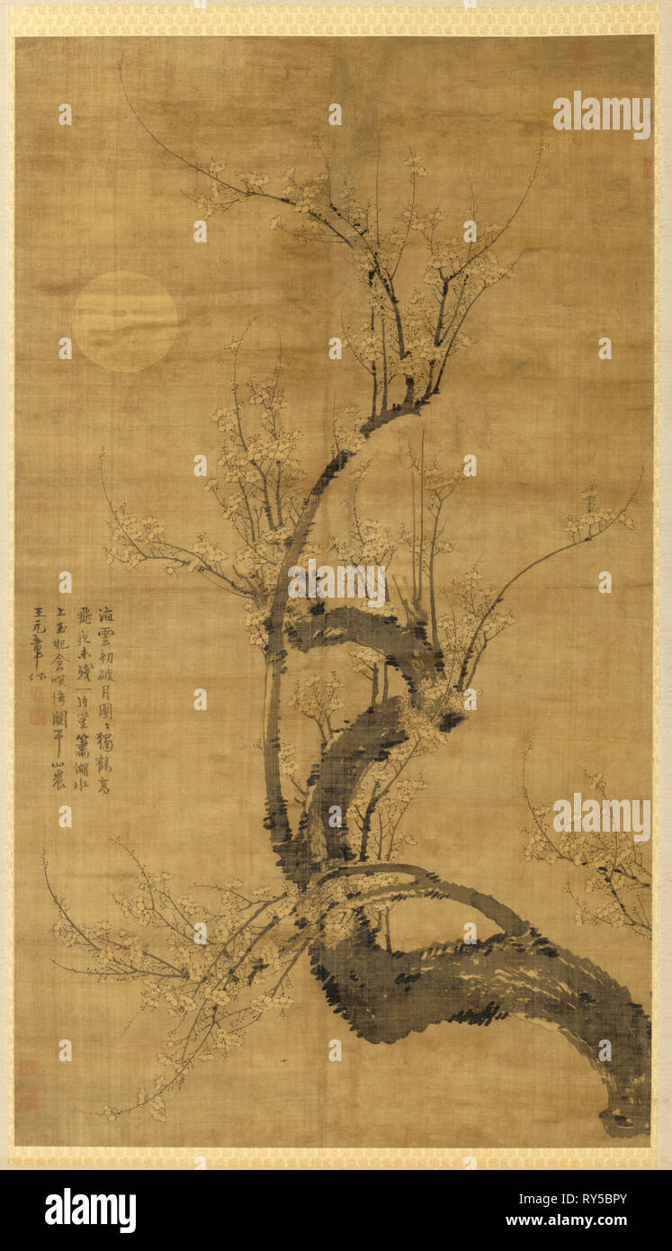 Un Prunus al chiaro di luna, 1300s. Wang Mian (Cinese, 1287-1359). Appendere scorrere, inchiostro su seta; verniciatura: 164.6 x 94,6 cm (64 13/16 x 37 1/4 in.); complessivo: 260.6 x 116 cm (102 5/8 x 45 11/16 in Foto Stock