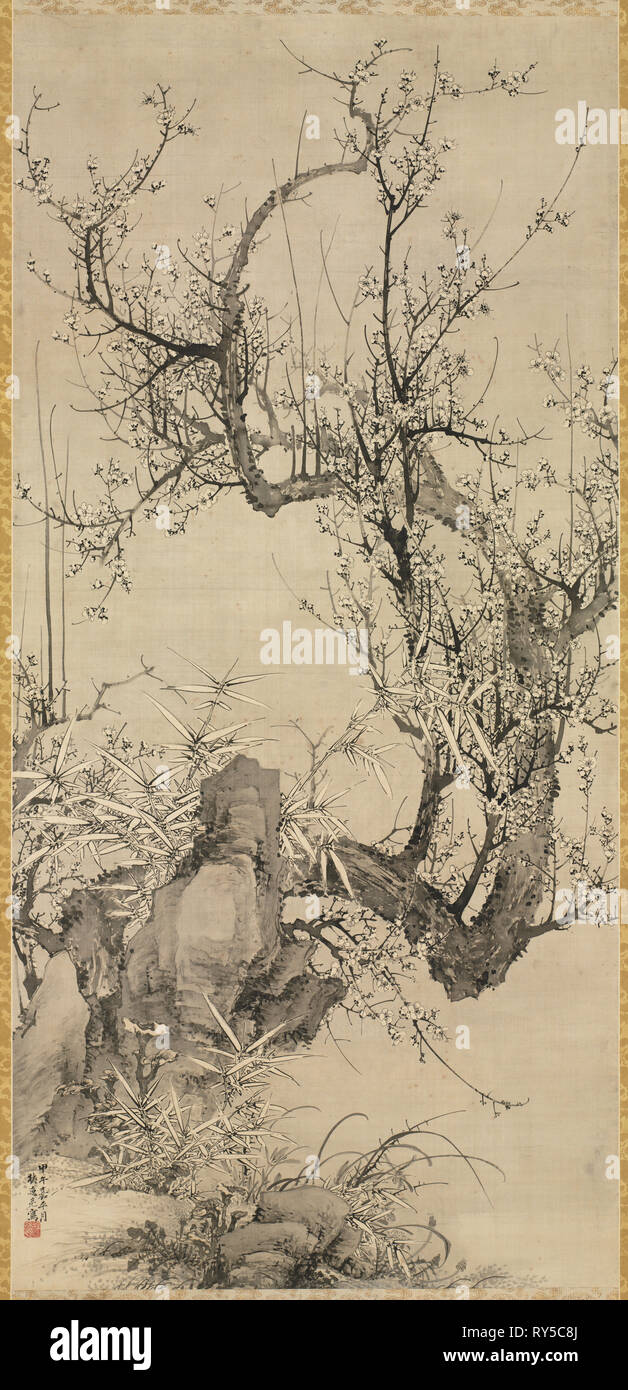 Le prugne, bambù e orchidee, 1834. La Yamamoto Baiitsu (giapponese, 1783-1856). Appendere scorrere; inchiostro su seta; verniciatura solo: 172.4 x 79 cm (67 7/8 x 31 1/8 in.); supporto incluso: 252.7 x 105,4 cm (99 1/2 x 41 1/2 in Foto Stock