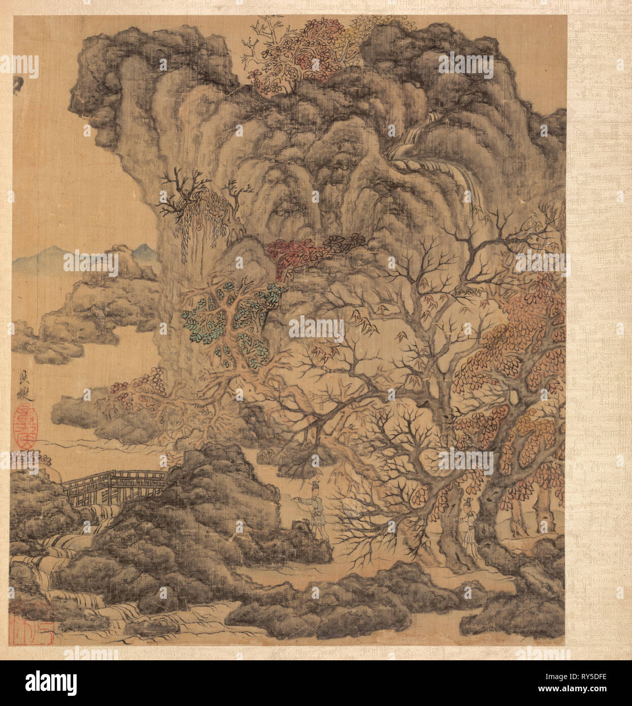Dopo dipinti antichi maestri:i viaggiatori in un paesaggio autunnale, 1598-1652. Chen Hongshou (Cinese, 1598/99-1652). Album Leaf, inchiostro e colore su seta; complessivo: 30,2 x 26,7 cm (11 7/8 x 10 1/2 in Foto Stock