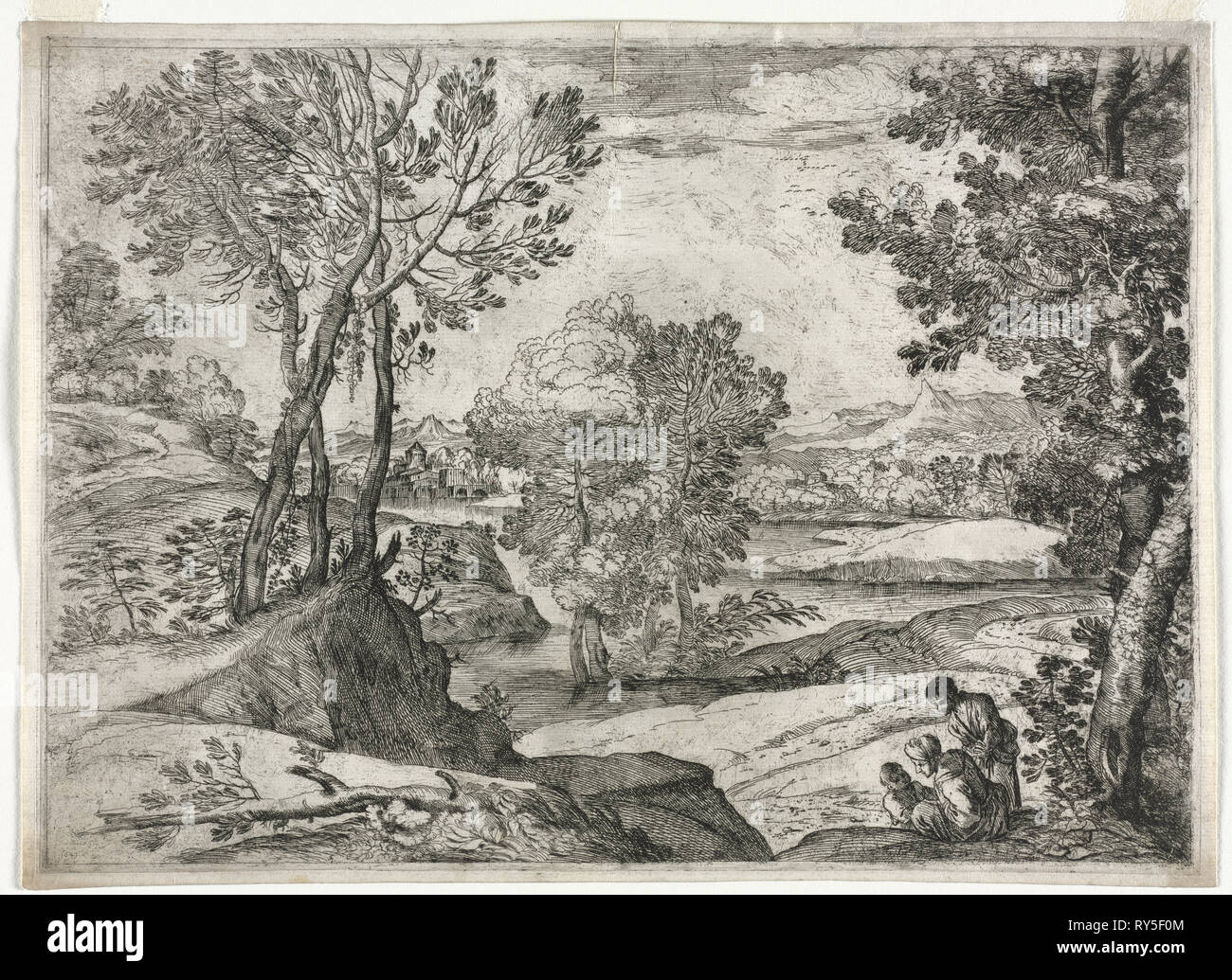 Paesaggio con una famiglia, 1643. Giovanni Francesco Grimaldi (Italiano, 1606-1680). Attacco Foto Stock