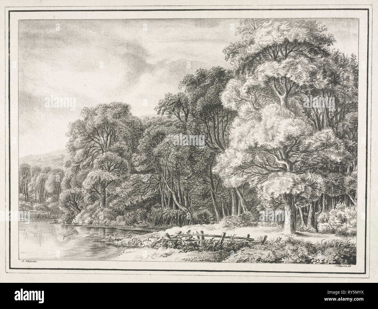 Paesaggio boschivo con il lago, 1811-1816. Johann Nepomuk Strixner (Tedesco, 1782-1855). Litografia Foto Stock