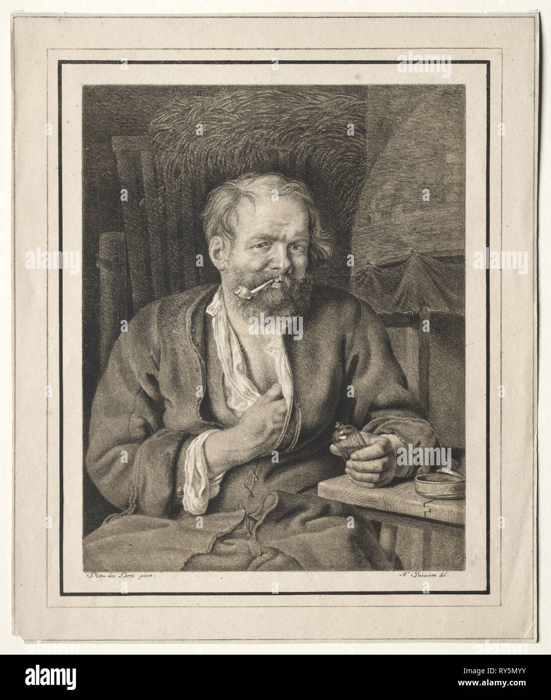 Contadino seduti ad un tavolo, fumare una tubazione, 1817-1821. Johann Nepomuk Strixner (Tedesco, 1782-1855). Litografia a colori Foto Stock