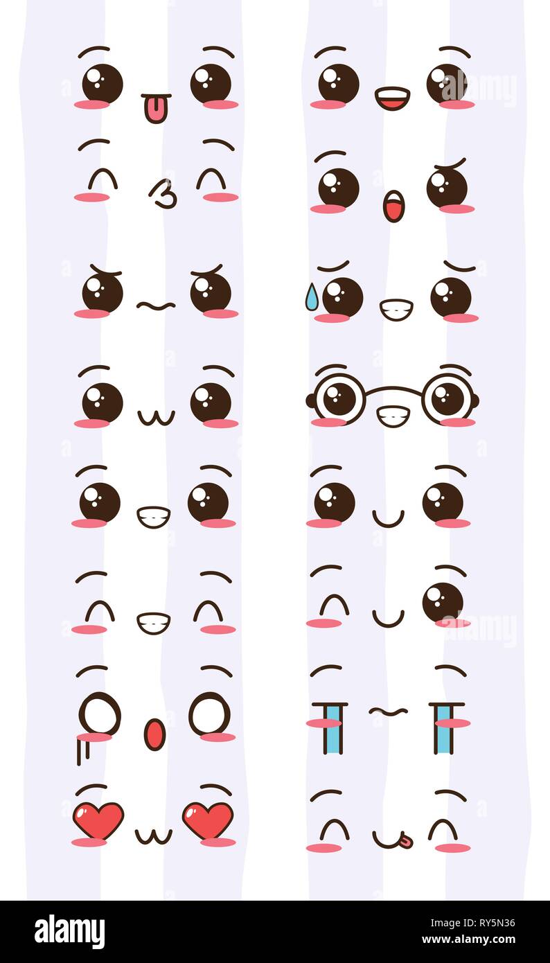 Kawaii espressione volti Illustrazione Vettoriale