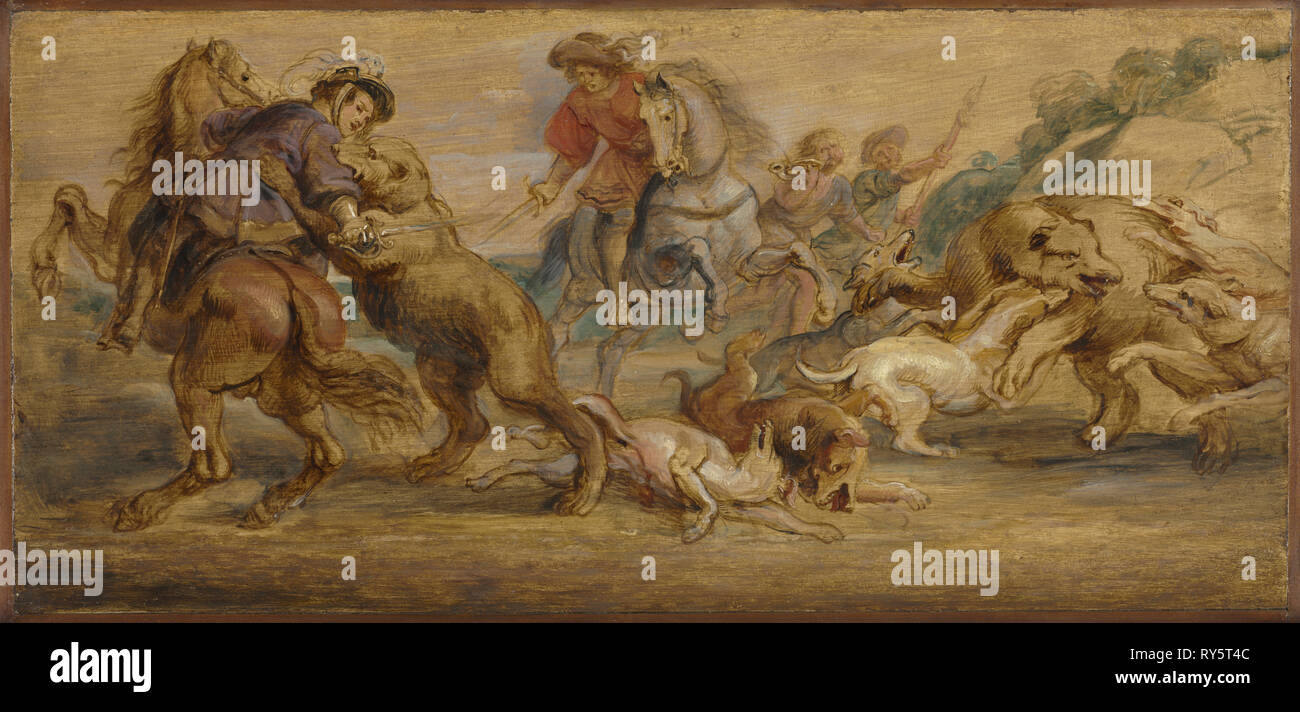 Studio per "l'Orso Hunt' (per l'Alcázar, Madrid), c. 1639. Peter Paul Rubens (fiammingo, 1577-1640). Olio su legno; incorniciato: 70,5 x 40,6 x 7,6 cm (27 3/4 x 16 x 3 in.); senza cornice: 26 x 53,7 cm (10 1/4 x 21 1/8 in Foto Stock