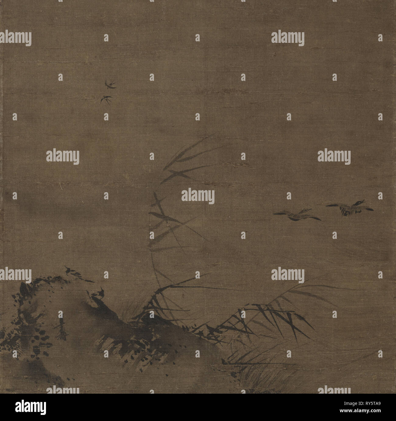 Gli uccelli acquatici e canneti, primi 1200s. Attribuito a Liang Kai (Cinese, mid-1100s-primi 1200s). Appendere scorrere, inchiostro su seta; complessivo: 23 x 22,9 cm (9 1/16 x 9 in Foto Stock
