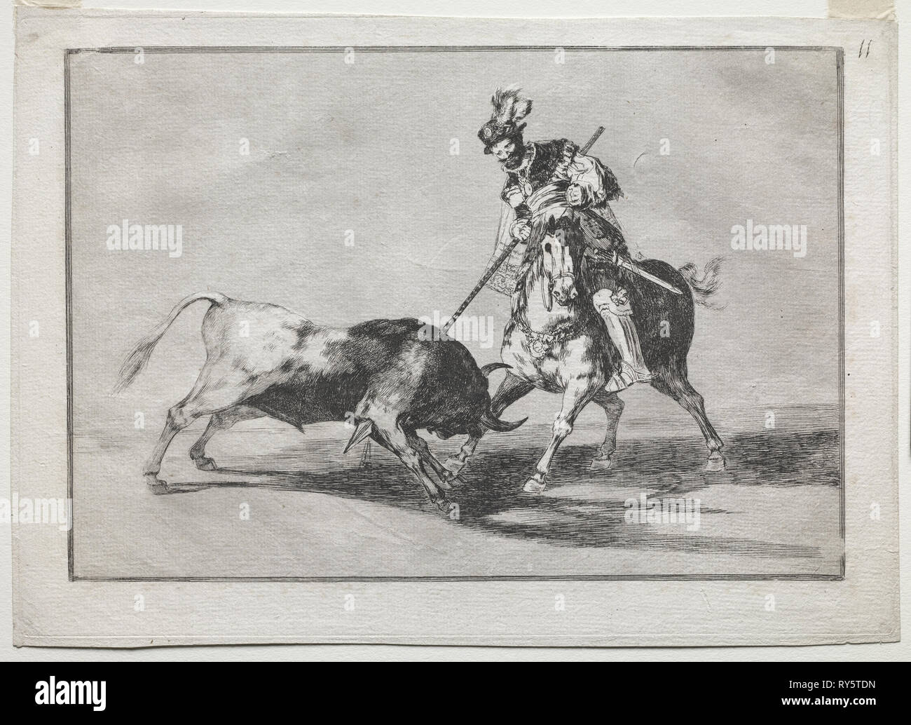 Il Cid Campeador infilzare un altro Bull, 1815-1816. Francisco de Goya (Spagnolo, 1746-1828). Attacco, acquatinta e incisione Foto Stock