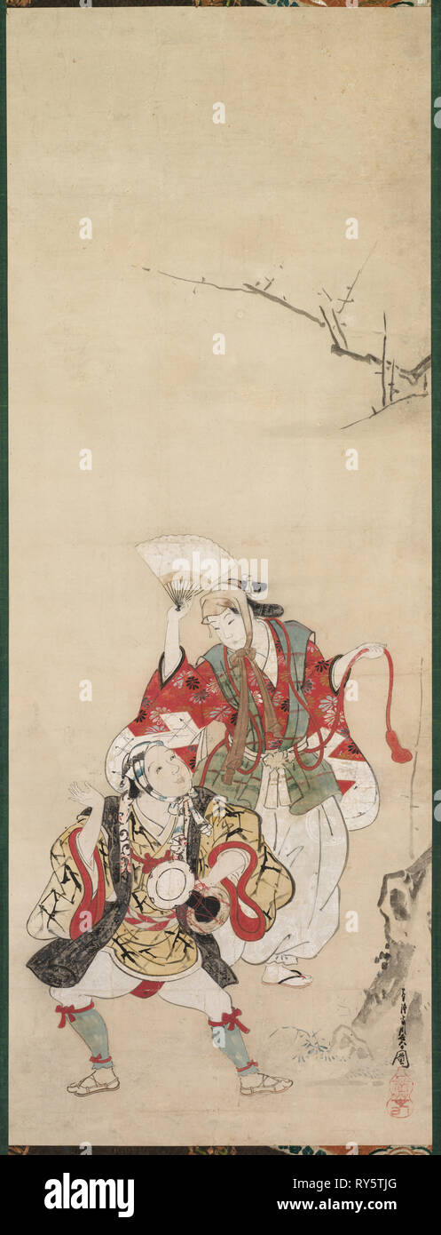 La molla ballerini (Manzai), XVIII secolo. Miyagawa Choshun (giapponese, 1683-1753). Appeso a scorrimento, inchiostro e colore su carta; la pittura solo: 84,1 x 31,4 cm (33 1/8 x 12 3/8 in Foto Stock