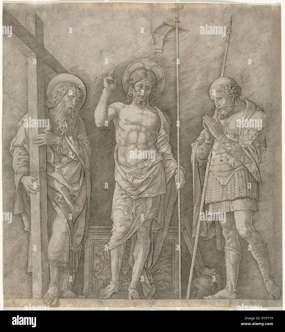 Il Cristo risorto tra St Andrew e Longino, primi 1470s. Andrea Mantegna (Italiano, 1431-1506). L'incisione; foglio: 30,5 x 28 cm (12 x 11 Foto Stock
