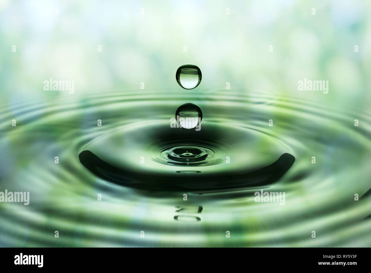 Gocce di pioggia che cade su una superficie liscia della superficie dell'acqua. Verde modello sfocata in background. Foto Stock