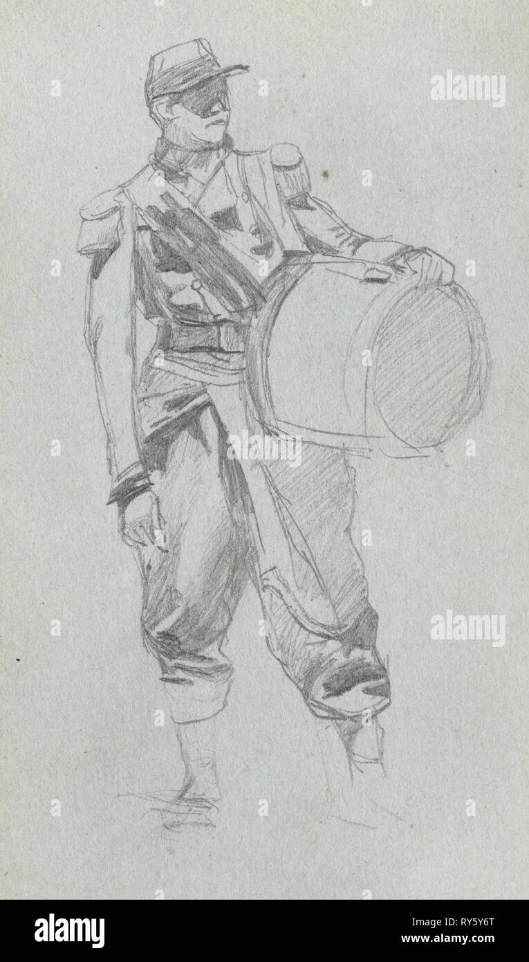 Sketchbook, pagina 79: soldato con il tamburo. Ernest Meissonier (Francese, 1815-1891). La grafite Foto Stock