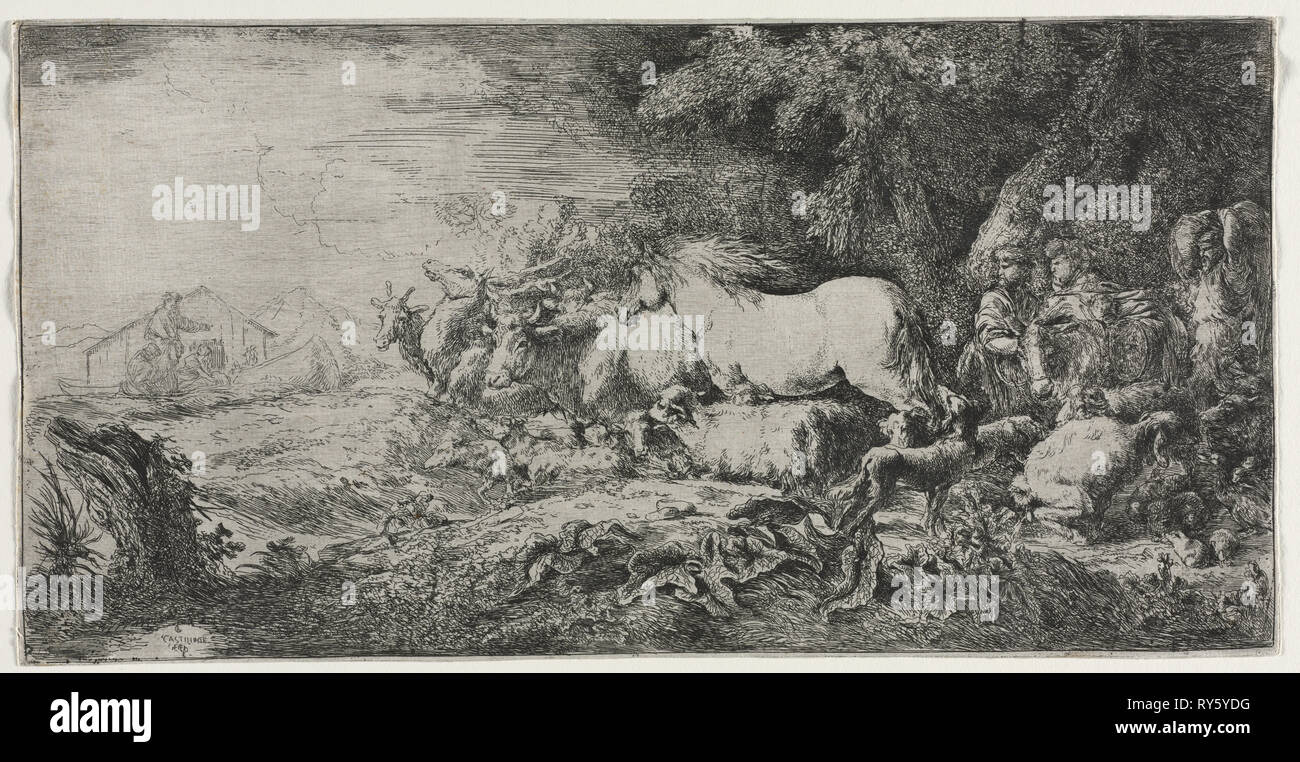 Noè e gli animali che entrano nell'arca, 1650-1655. Giovanni Benedetto Castiglione (Italiano, 1609-1664). Attacco Foto Stock