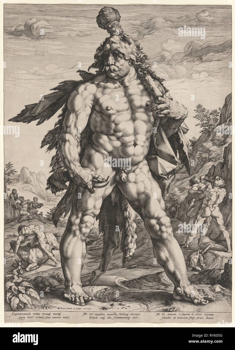 Il grande Ercole o 'Knollenman', 1589. Hendrick Goltzius (Olandese, 1558-1617). L'incisione; foglio: 56,3 x 40,1 cm (22 3/16 x 15 13/16 in.); immagine: 54,2 x 40 cm (21 5/16 x 15 3/4 in Foto Stock