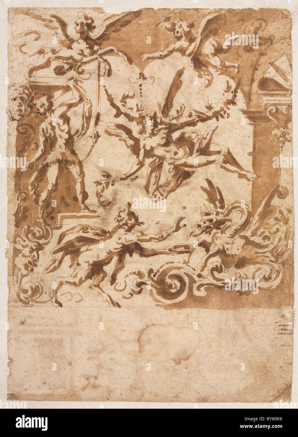 Grottesco con un satiro alimentazione di un drago (recto); grottesco con un centauro saltando (verso), c. 1565/1588. Marco Marchetti (Italiano, 1565-1588). Penna e inchiostro bruno e spazzola e lavaggio marrone, oltre le tracce di gesso nero; foglio: 27,4 x 19,8 cm (10 13/16 x 7 13/16 in.); supporto secondario: 31,4 x 23 cm (12 3/8 x 9 1/16 in Foto Stock