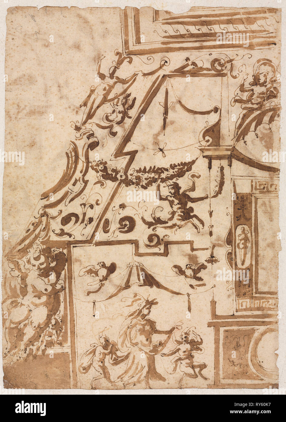 Grottesco con un centauro saltando (verso), c. 1565/1588. Marco Marchetti (Italiano, 1565-1588). Penna e inchiostro bruno e spazzola e lavaggio marrone, oltre le tracce di gesso nero; foglio: 27,4 x 19,8 cm (10 13/16 x 7 13/16 in.); supporto secondario: 31,4 x 23 cm (12 3/8 x 9 1/16 in Foto Stock