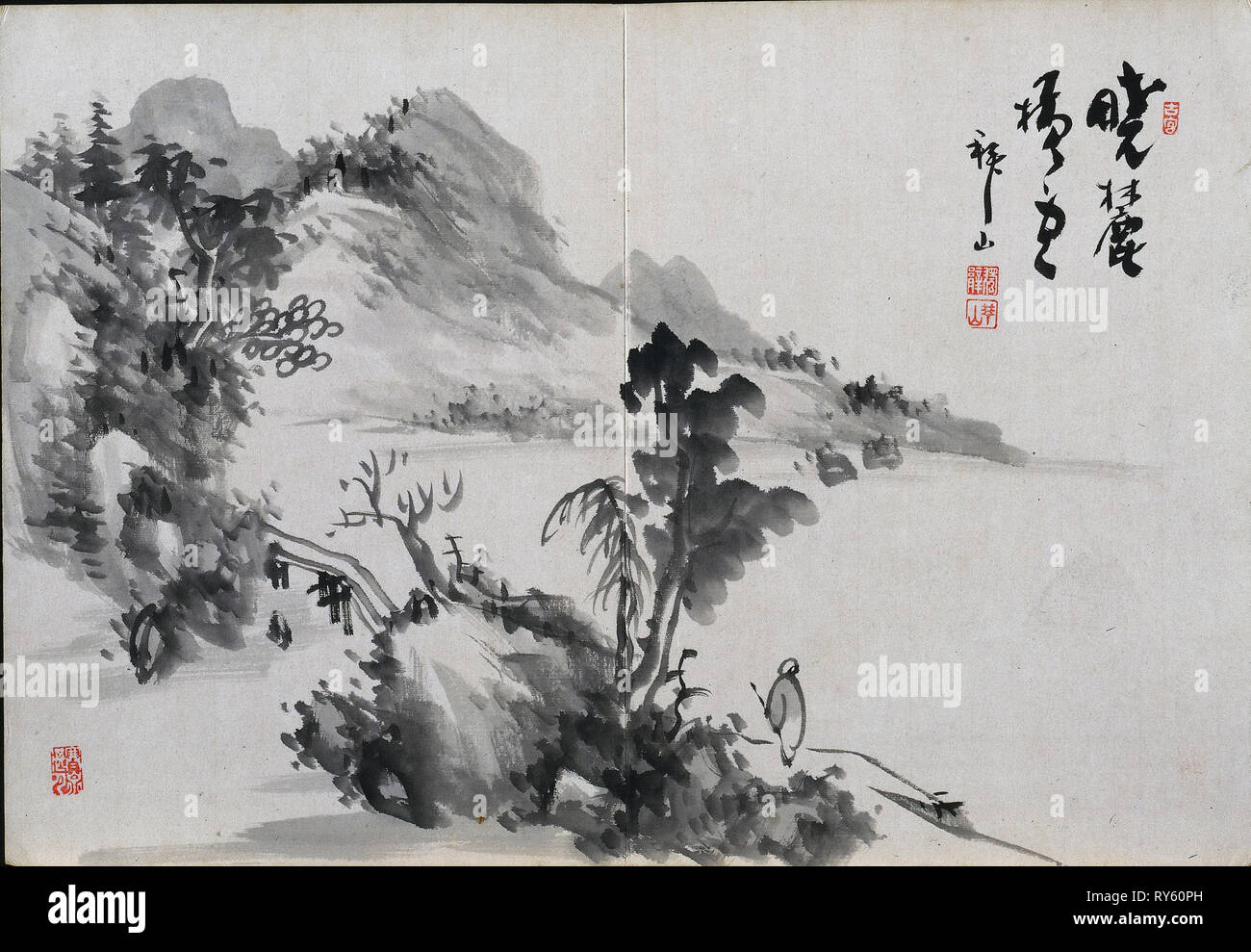 Album di schizzi di paesaggio, xix secolo. Yoshitsugu Haizan (giapponese, 1846-1915). Volume rilegato, inchiostro e colore su carta con la calligrafia; complessivo: 32 x 48,2 cm (12 5/8 x 19 in Foto Stock