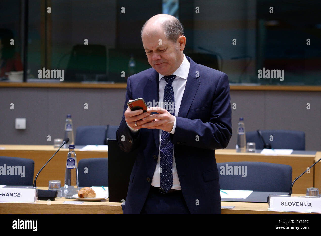 Bruxelles, Belgio. 12st Marzo 2019. Il ministro delle Finanze della Repubblica federale di Germania Olaf Scholz arriva a partecipare in un Comitato economico e finanziario (ECOFIN) Consiglio Affari. Alexandros Michailidis/Alamy Live News Foto Stock