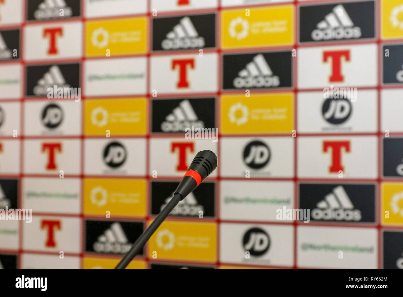 Windsor Park, Belfast, Irlanda del Nord, Regno Unito. Xii Mar, 2019. Irlanda del Nord manager Michael O'Neill chiamato la sua squadra per il prossimo campionato UEFA EURO 2020 giochi di qualificazione contro Estonia (a Belfast giovedì 21 marzo) e la Bielorussia (Belfast, domenica 24 marzo). Credito: David Hunter/Alamy Live News Foto Stock