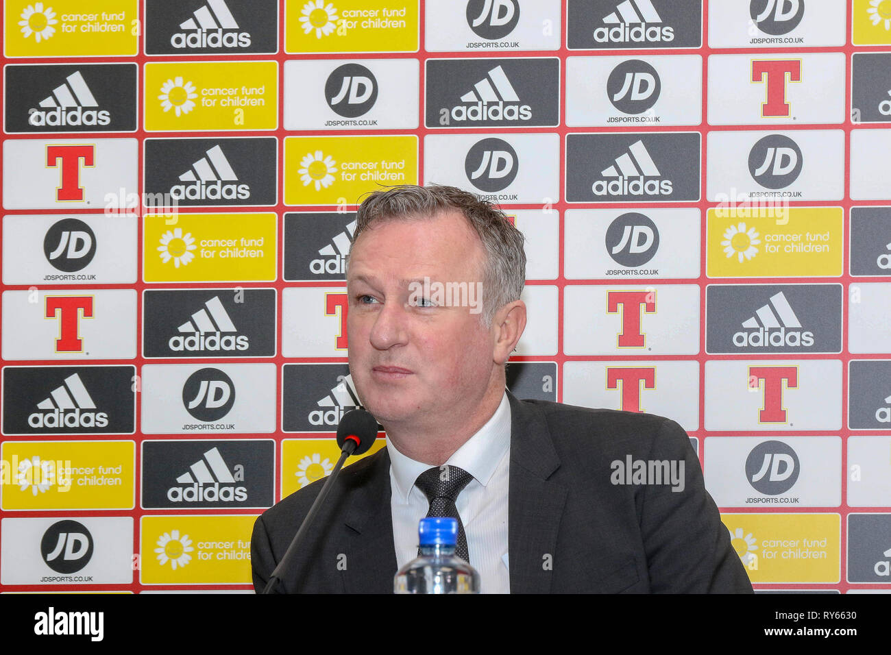 Windsor Park, Belfast, Irlanda del Nord, Regno Unito. Xii Mar, 2019. Irlanda del Nord manager Michael O'Neill chiamato la sua squadra per il prossimo campionato UEFA EURO 2020 giochi di qualificazione contro Estonia (a Belfast giovedì 21 marzo) e la Bielorussia (Belfast, domenica 24 marzo). Credito: David Hunter/Alamy Live News Foto Stock