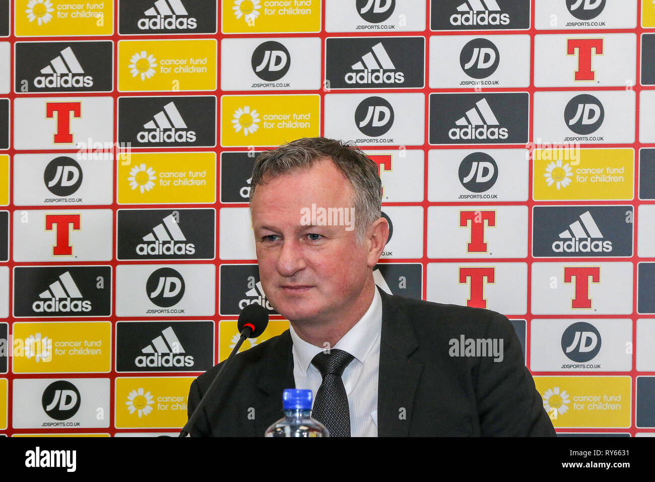 Windsor Park, Belfast, Irlanda del Nord, Regno Unito. Xii Mar, 2019. Irlanda del Nord manager Michael O'Neill chiamato la sua squadra per il prossimo campionato UEFA EURO 2020 giochi di qualificazione contro Estonia (a Belfast giovedì 21 marzo) e la Bielorussia (Belfast, domenica 24 marzo). Credito: David Hunter/Alamy Live News Foto Stock