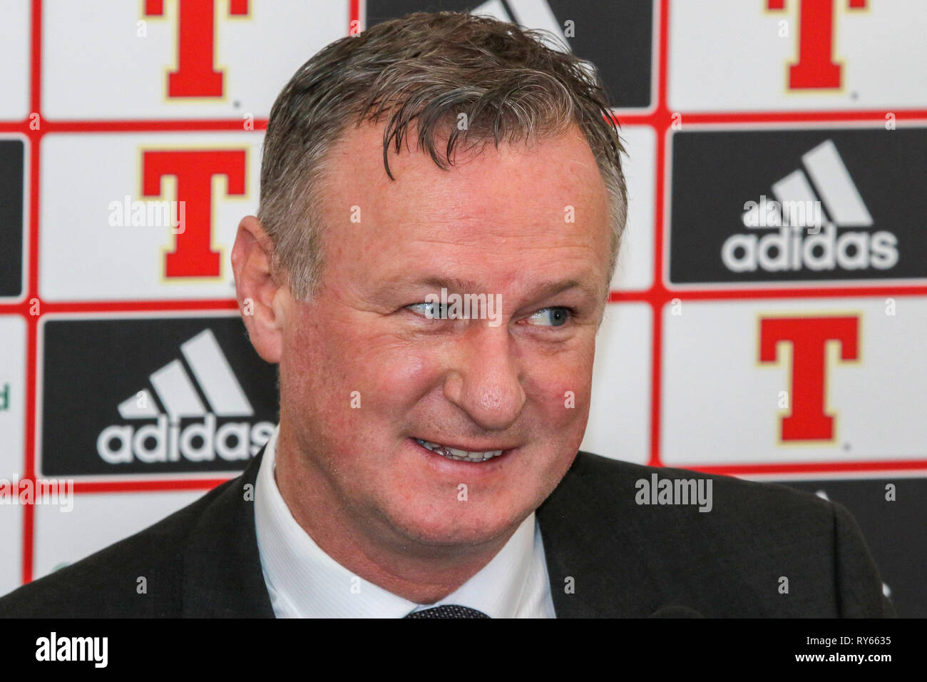 Windsor Park, Belfast, Irlanda del Nord, Regno Unito. Xii Mar, 2019. Irlanda del Nord manager Michael O'Neill chiamato la sua squadra per il prossimo campionato UEFA EURO 2020 giochi di qualificazione contro Estonia (a Belfast giovedì 21 marzo) e la Bielorussia (Belfast, domenica 24 marzo). Credito: David Hunter/Alamy Live News Foto Stock