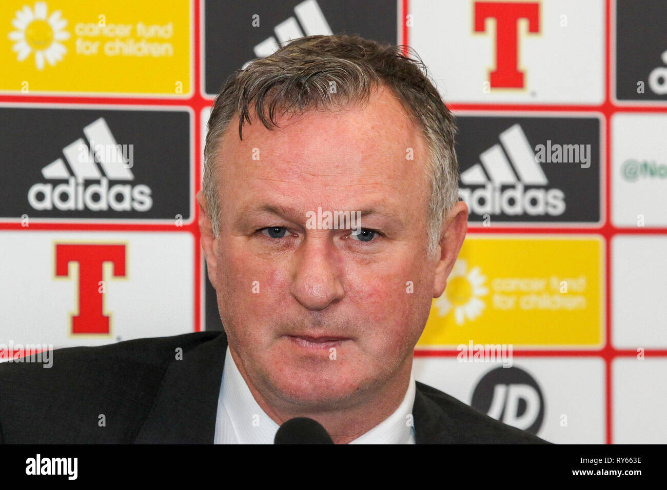 Windsor Park, Belfast, Irlanda del Nord, Regno Unito. Xii Mar, 2019. Irlanda del Nord manager Michael O'Neill chiamato la sua squadra per il prossimo campionato UEFA EURO 2020 giochi di qualificazione contro Estonia (a Belfast giovedì 21 marzo) e la Bielorussia (Belfast, domenica 24 marzo). Credito: David Hunter/Alamy Live News Foto Stock