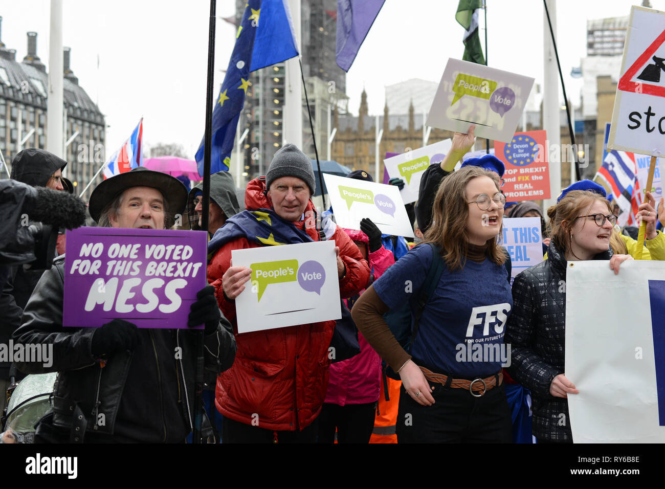 Londra, Regno Unito. Xii marzo, 2019. Gli attivisti Anti-Brexit dimostrare in piazza del Parlamento di fronte al Palazzo del Parlamento. Westminster, Londra. Xii del marzo 2019. Credito: Thomas Krych/Alamy Live News Foto Stock