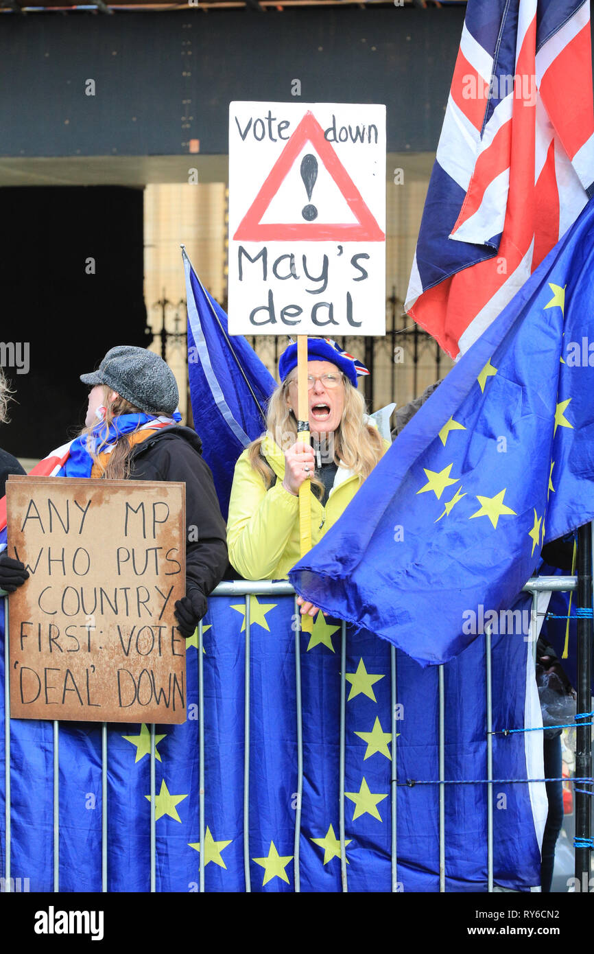 Westminster, Londra, Regno Unito. Xii Mar, 2019. Pro Brexit e Anti Brexit sostenitori protesta al di fuori della sede del parlamento di Westminster oggi, il giorno che ha una significativa "voto" in Parlamento su Theresa Maggio Brexit della trattativa prevista per la sera. Credito: Imageplotter/Alamy Live News Foto Stock