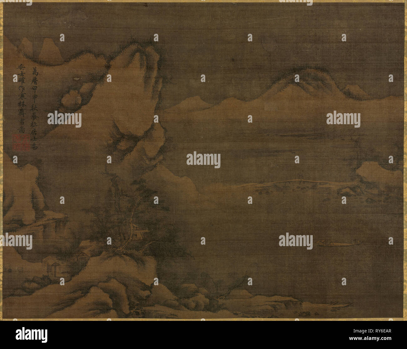 Snowscape con figure, 1584. Kim Si (Coreano, 1524-1593). Appendere scorrere, inchiostro su seta; verniciatura solo: 53 x 67,3 cm (20 7/8 x 26 1/2 in.), in totale: 148,6 x 90,2 cm (58 1/2 x 35 1/2 in Foto Stock