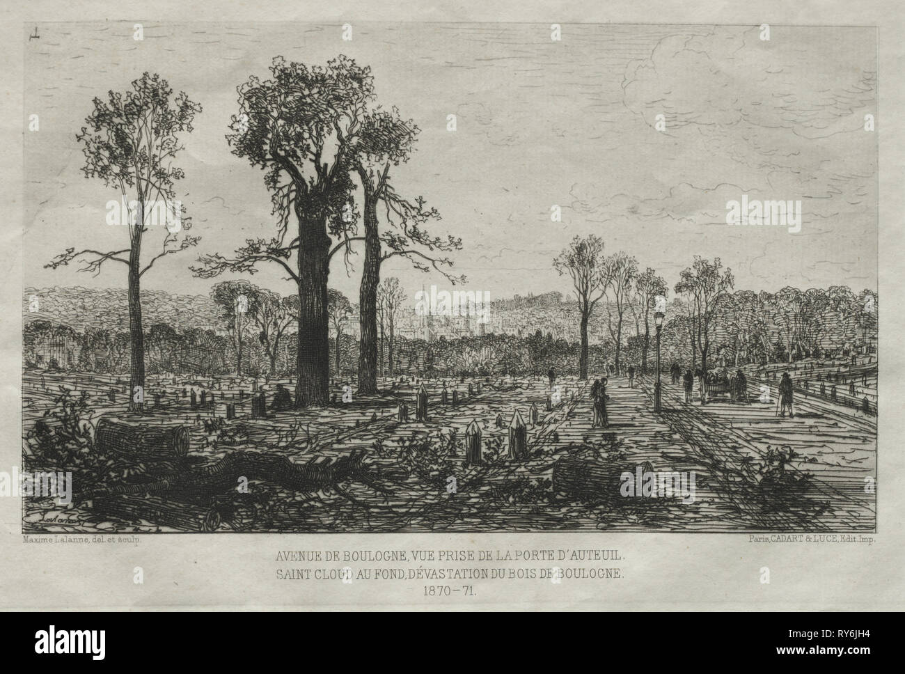 Negozio di souvenir artistiques du Siége du Paris: Avenue de Boulogne, Vue prise de la Porte d'Auteuil, St. Cloud au fond, Dévastation du Bois de Boulogne, 1879-81. Maxime Lalanne (Francese, 1827-1886), Cadant e Luce. Incisione; foglio: 28,7 x 43,2 cm (11 5/16 x 17 in.); platemark: 15,8 x 23,6 cm (6 1/4 x 9 5/16" Foto Stock