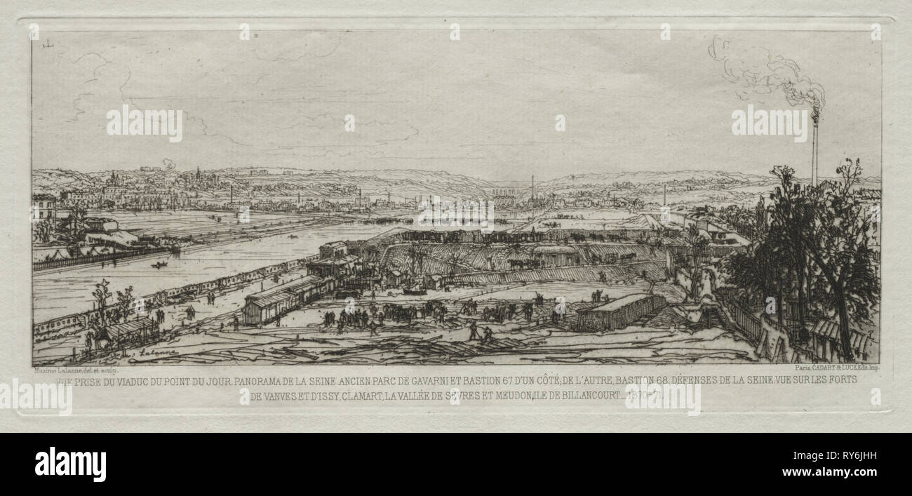 Souvenir artistiques du Siège de Paris: Vue prise du viaduc du Pont-du-Jour, Panorama de la Seine, ..., 1870-1871. Maxime Lalanne (Francese, 1827-1886), Cadart et Luce. Attacco Foto Stock
