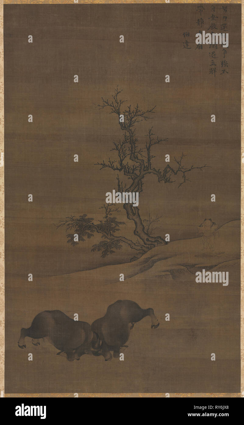 Herdboys e Buffalo nel paesaggio, 1200s. Guo Min (Cinese, metà-fine 1200s). Appendere scorrere, inchiostro su seta; immagine: 92 x 56,5 cm (36 1/4 x 22 1/4 in.); complessivamente con manopole: 196 x 76 cm (77 3/16 x 29 15/16 in Foto Stock