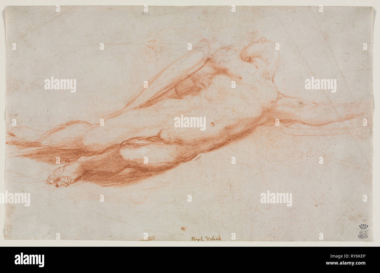 Un drappo figura femminile (possibilmente un Amazon) e studi architettonici  (verso), c. 1525. Attribuito a Correggio (italiano, 1489?-1534). Gesso rosso;  foglio: 27,3 x 17,5 cm (10 3/4 x 6 7/8 in Foto stock - Alamy